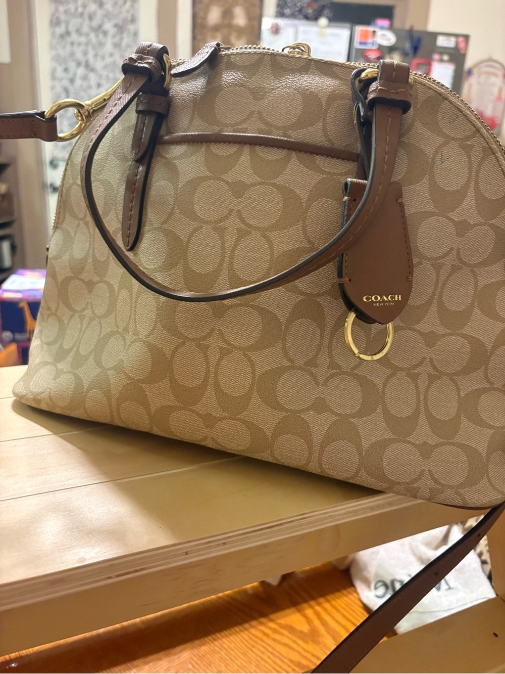 Coach Tan Signature Dome Satchel with Brown Trim - Picture 2 of 4